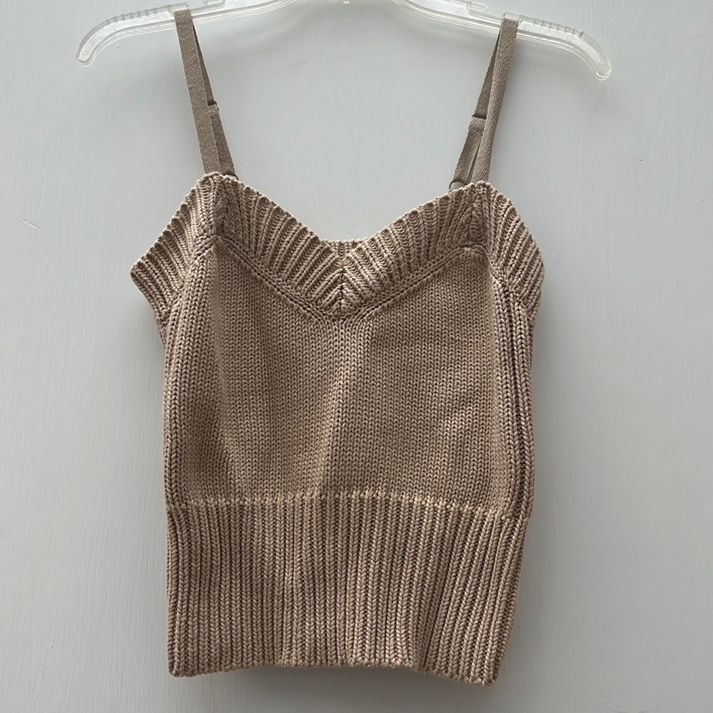 Moda International Knit Tank 90s Beige Vneck Crop Top Soft Spaghetti Straps